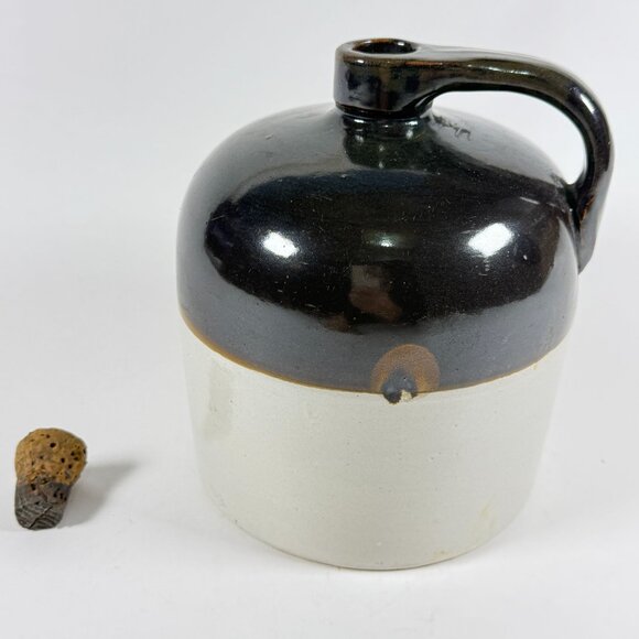 Vintage Stoneware Whiskey Jug Brown & Cream Glazed Pottery Crock w/ Cork Handle - Picture 5 of 13